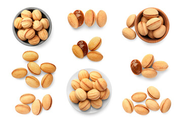 Delicious nut shaped cookies with caramelized condensed milk isolated on white, top view. Collage design