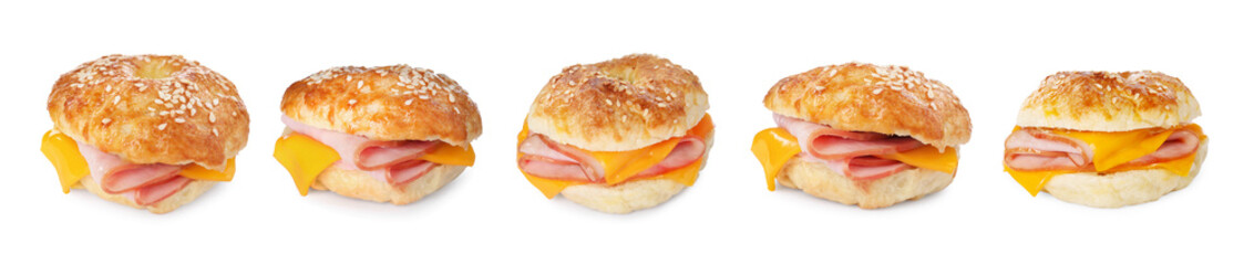 Delicious bagels with ham and cheese isolated on white, collection