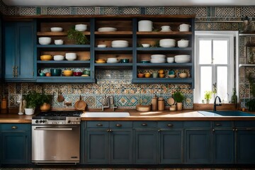 a Classic Bohemian kitchen with open shelves, colorful ceramics, and a mosaic-tiled backsplash.