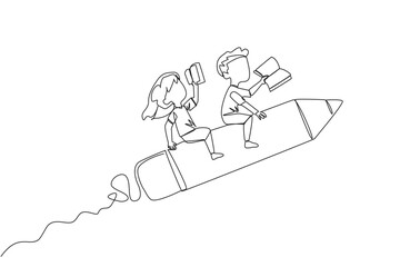 Single continuous line drawing the kids rides on a pencil-shaped rocket. Reading a book at a height. Read books anywhere. Very good habits. Book festival concept. One line design vector illustration