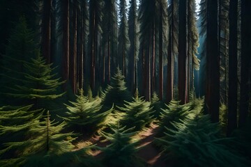 A dense alpine forest with towering spruce and fir trees.