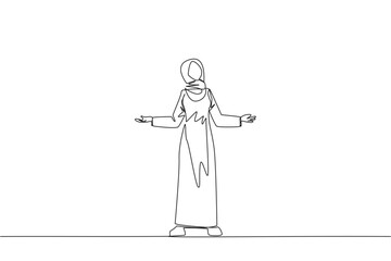 Continuous one line drawing Arab businesswoman standing straight with open arms. Lonely and sadness businesswoman lamenting undeveloped business. Unhappy manager. Single line draw vector illustration