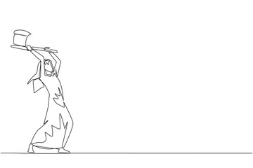 Continuous one line drawing Arabian businessman swinging an axe. Style like a lumberjack. Strong. Muscular. Powerful. Sports for physical health. Awareness. Single line draw design vector illustration