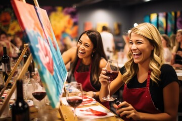 Friends at a paint and sip event, creating art while enjoying wine.
