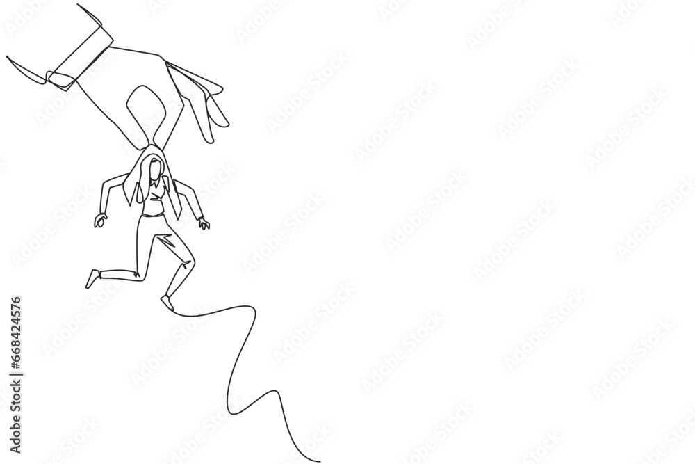 Poster Single one line drawing big hand holding businesswoman. Workplace moving metaphor. Position transfer. Level up. Have bigger responsibilities. Successful. Continuous line design graphic illustration