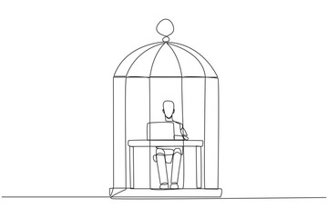 Continuous one line drawing robot trapped in the cage sitting and typing on laptop computer. Tiring routine. Unhappy robot with the many deadline. AI tech. Single line draw design vector illustration