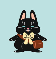 Cute black rabbit concept. Animal with bow and bag. Mammal with clothes. Sticker for social networks and messengers. Cartoon flat vector illustration isolated on blue background