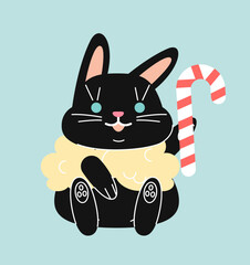 Cute black rabbit concept. Animal with lollipop and warm clothes. Mammal at winter season. Poster or banner for website. Cartoon flat vector illustration isolated on blue background