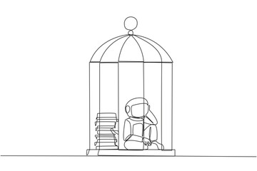 Continuous one line drawing astronaut trapped in the cage sitting down frustrated. Stress with piling up unfinished work until close to deadline. Exhausted. Single line draw design vector illustration