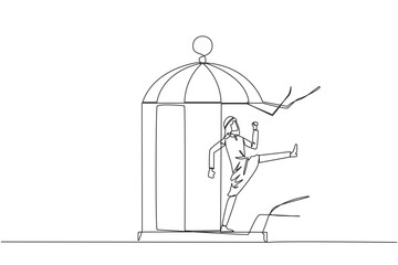Single continuous line drawing Arab businessman trapped in cage kick the cage until wrecked. Freedom of expression for the smooth running of business. Distractions. One line design vector illustration