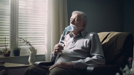 (Ventilator),Old man with portable ventilator at home alone, aging society and disease