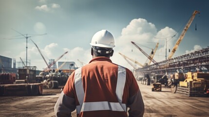 back view Engineer in uniform working at port, worker with cargo dock, industrial background