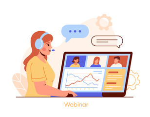 People with digital education concept. Online learning and training. Woman in headphones with laptop give lecture. Webinar and distance conference. Cartoon flat vector illustration