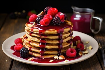 Homemade almond flour pancakes with berry compote.
