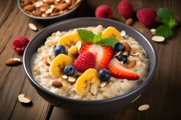 Homemade oatmeal topped with fresh fruits and nuts.