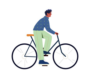 Naklejka premium Electro transport concept. Man at bicycle. Care about nature and ecology. Active lifestyle and sport. Trip and travel. Cartoon flat vector illustration isolated on white background