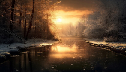 Tranquil scene  winter beauty reflected in nature serene pond generated by AI