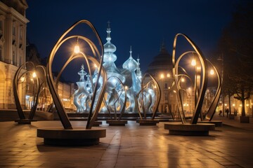 Illuminated city square with sculptures and art installations.
