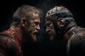 Intense faceoff between two opposing rugby players. - obrazy, fototapety, plakaty