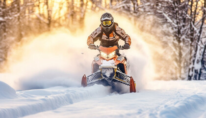 Fototapeta na wymiar Men riding motorcycles in a winter motocross race in the forest generated by AI