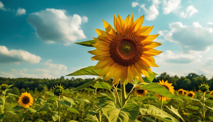 Sunflower meadow, vibrant yellow petals, nature beauty under summer sun generated by AI