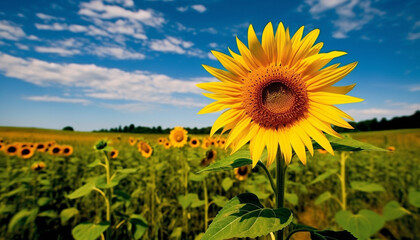Sunflower meadow, vibrant yellow petals, nature organic beauty in summer generated by AI