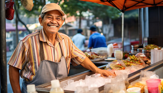 Smiling vendor selling fresh food, outdoors, looking at camera generated by AI