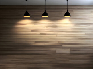 Dark wooden wall with three lights hanging on roof