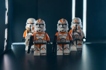 Naklejka premium Depok, Indonesia - October 26, 2023: Lego toys photography, 212th clone troopers on star destroyer hallway