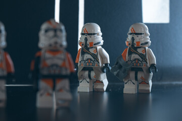 Fototapeta premium Depok, Indonesia - October 26, 2023: Lego toys photography, 212th clone troopers on star destroyer hallway