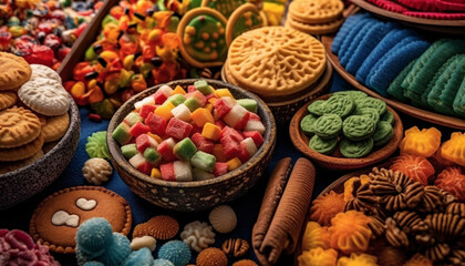 Variety of homemade cookies, candies, and chocolates in a bowl generated by AI