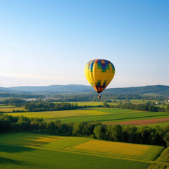 Obraz premium A hot air balloon soaring over a green field stock 