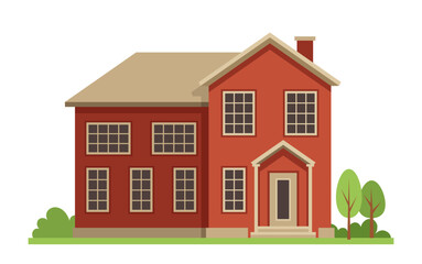 Fototapeta premium Various urban house. Red building with trees. Facade and exterior. City infrastructure and architecture. Poster or banner. Cartoon flat vector illustration isolated on white background