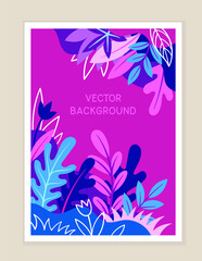 Floral bright banner. Blue and violet flowers and plants. Fashion and style. Trendy cover for magazine. Graphic element for website. Cartoon flat vector illustration isolated on beige background