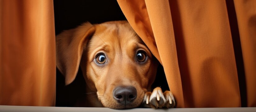 Frightened puppy hides with a curtain