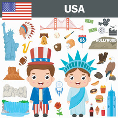 Set of USA famous landmarks