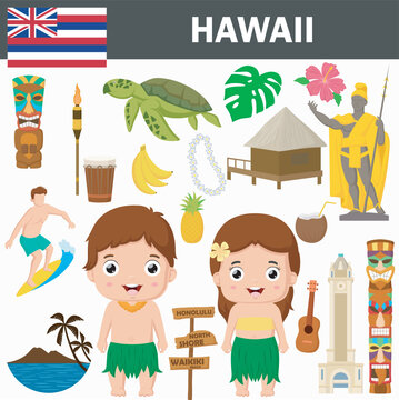 Set of Hawaii famous landmarks