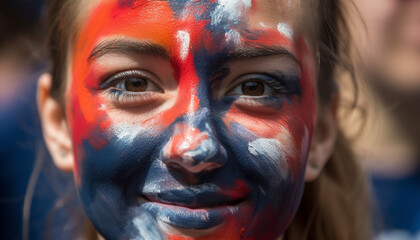 Smiling Caucasian girl with face paint supports American soccer team outdoors generated by AI