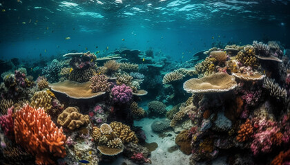Naklejka na ściany i meble Multi colored fish swim in the beautiful underwater Caribbean reef landscape generated by AI