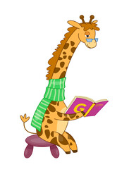 Funny animal read book. Cute giraffe with textbook or fiction. Adorable mammal studying and reading. Poster or banner. Cartoon flat vector illustration isolated on white background