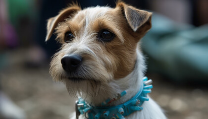 Cute small terrier puppy sitting outdoors, looking at camera generated by AI