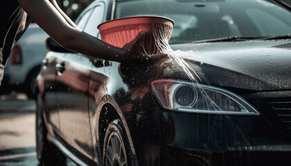 Dirty car washed by hand in rainy city traffic jam generated by AI