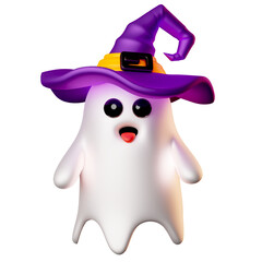 3D Illustration of Cute Ghost wear Witch Hat, Halloween Icon rendering