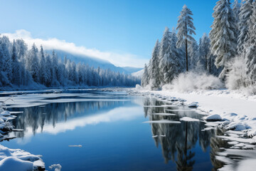 A picturesque winter landscape featuring snow-covered trees, a frozen lake, and distant mountains, creating a serene winter wonderland. Ample open space for advertising copy at the bottom. 