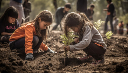 Happy children bonding in nature, learning and growing together generated by AI