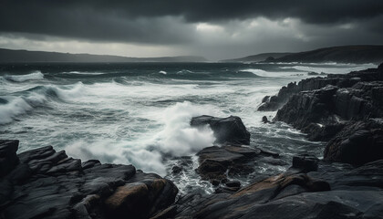 Breaking waves crash against rocky coastline under dramatic sky at dusk generated by AI