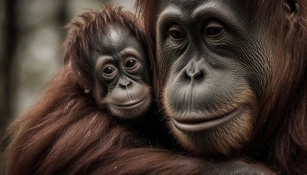 Cute primate portrait young orangutan smiling at camera in forest generated by AI