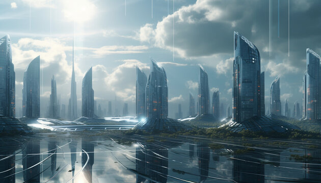 Futuristic skyscraper skyline illuminates modern city life at dusk generated by AI © Stockgiu