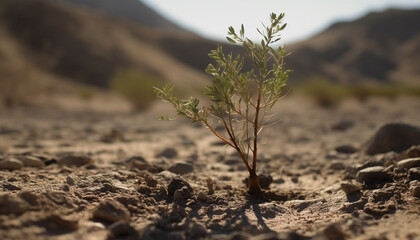 Fresh growth on dry dirt, yellow seedling in foreground generated by AI