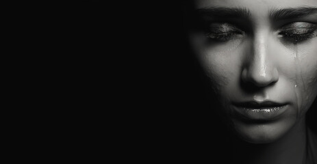 black and white portrait of a woman cry - obrazy, fototapety, plakaty